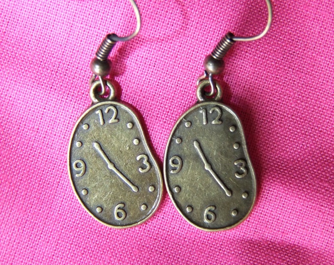 Warped Clock Face Earrings Antique Bronze Dangle Charm Metal Etsy