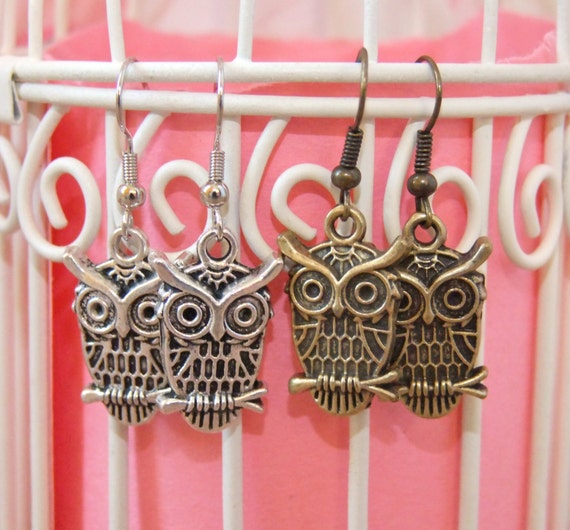 Items similar to Silver owl earrings, bronze owl earrings, small owl