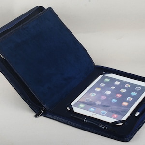 iPad with Paper Pad Holder with Zipper Around for Carrying Apple iPad Tablet Folio Cover Case,Women Jewelry Blue Leather Briefcase Gift