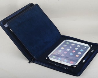 iPad with Paper Pad Holder with Zipper Around for Carrying Apple iPad Tablet Folio Cover Case,Women Jewelry Blue Leather Briefcase Gift