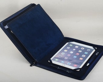 Blue Leather iPad Portfolio Case: Zippered Tablet Cover with Paper Pad