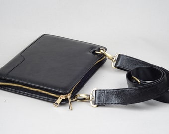 Black Leather iPad Portfolio Case with Crossbody Shoulder Strap,with Notepad Holder