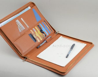 Orange Leather A4 Zipper Folio,Business Conference Portfolio Case with Paper Pad,Personalized Leather Gift