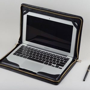 Macbook 12 pouces Black Zipper Sleeve Folio Cover, Business Carrying Cover, Briefcase for Apple Macbook 12 Laptop, Leather Portfolio Case