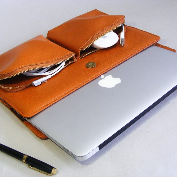 Leather Macbook Pro Briefcase,Apple Laptop Sleeve Carrying Portfolio Case with Charger Mouse Pockets