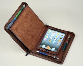 Leather iPad Mini Portfolio Case: A5 Notepad, iPhone Pockets
