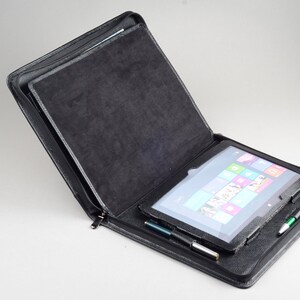 Black Leather Zipper Portfolio Case for Microsoft Surface Pro,Business Folio Cover with Kick Stand,with Middle Divider Notepad Holder