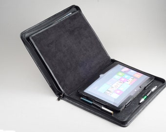 Black Leather Zipper Portfolio for Microsoft Surface Pro - Business Folio Cover