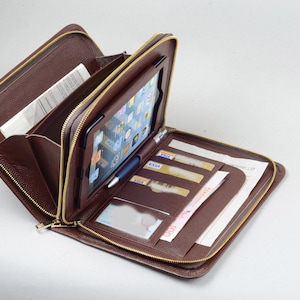 Cartera de mano de cuero para iPad mini con asa para Apple mini, cartera tipo cartera, cartera grande para iPad mini, doble cremallera alrededor