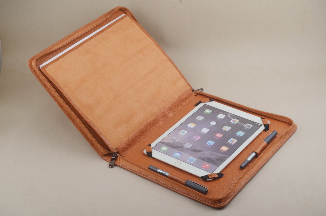 IPad Leather Portfolio Case With Notepad,full Grain Leather Apple Zipper Folio Cover for iPad