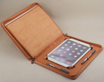 Full Grain Leather iPad Portfolio Case: Zippered Folio Cover with Notepad