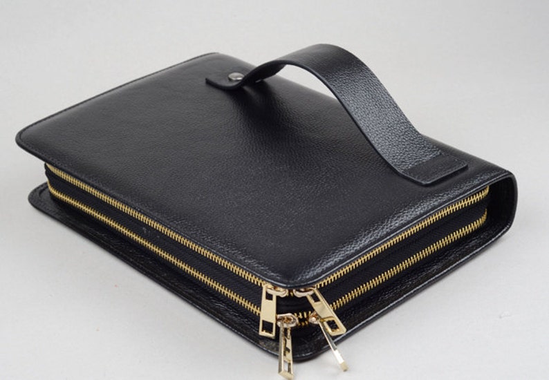 Ipad Case With Handle Black Leather Carrying Portfolio Purse Etsy