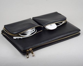 Black Leather Macbook Pro Sleeve: Executive Folio Cover with Charger Pockets