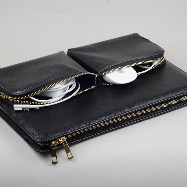 Black Leather Apple Macbook Pro Sleeve Case,Executive Zipper Around Folio Cover with Charger Pockets,Personalized Gift