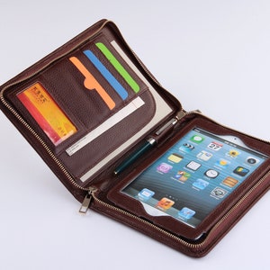 Estuche tipo billetera con cremallera, mini estuche para llevar en la mano, estuche tipo cartera, para iPad mini de Apple, tableta de negocios, de cuero de grano completo, bolsos para iPad mini