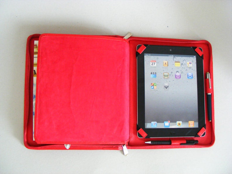 Red Ipad Case Leather Zipper Portfolio With Conference Pad Etsy