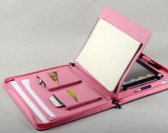 Pink Leather iPad Portfolio Case: Business Folio with Notepad