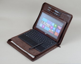 Leather Microsoft Surface Pro Portfolio Case with Kickstand,Standing Briefcase with Paper Notepad Holder in Coffee