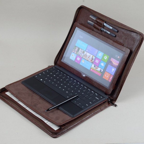 Kaffeebraune Microsoft Surface-Aktentasche mit Reißverschluss, zum Aufstellen des Surface Pro Business und zum Tragen der Tastatur mit Notizblockhalter, Cover mit Ständer