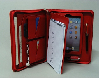 Red iPad mini Business Portfolio Case with A5 paper pad holder and iPhone Pockets for iPad mini Carrying Leather Cover