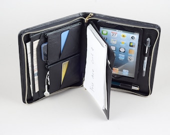Läderfodral för iPad Mini med A5-anteckningsblock, portfölj med dragkedja och iPhone-fickor