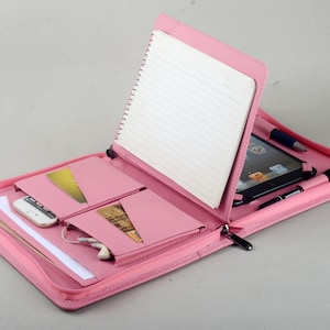 Mini-Portfolio-Ordner aus rosa Leder mit Schreibblock für Mini-iPad Business-Aktentasche für Frauen, rosa Portfolio-Folio-Reißverschluss