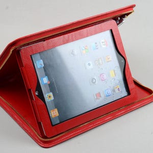 Red Leather iPad Stand Zipper Portfolio with Notepad Sleeve holder Case for Carrying Apple Tablet,iPad Business Standing Folio Cover Case