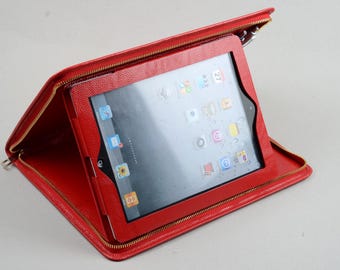 Leather iPad Zipper Standing Portfolio Case with Notepad Holder,iPad Business Carrying Sleeve Cover
