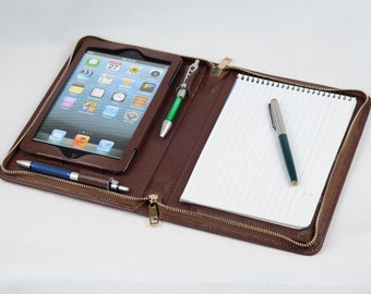 Leather iPad Mini Portfolio Case: Zippered Folio with A5 Notepad