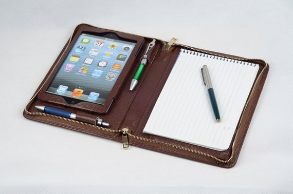 IPad Mini Leather Portfolio Case With Writing Paper Pad,ipad Leather A5  Notepad With iPad Mini Pocket,ipad Mini Zipper Sleeve Folio Cover 