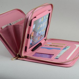 Cartera de mano rosa para mini iPad con asa y soporte para mini iPad para Apple Cartera de cuero para mujer Cartera de cuero para iPad mini