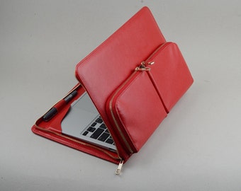 Women Red Business Carrying Apple Macbook Air Briefcase Leather Sleeve for Macbook with Zipper Portfolio for Macbook Air 11 inch and 13 inch