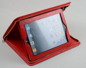 Red Leather iPad Stand Zipper Portfolio with Notepad Sleeve holder Case for Carrying Apple Tablet,iPad Business Standing Folio Cover Case