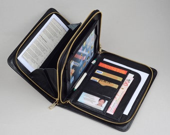 Black Leather iPad Mini Case: Double Zipper Wallet Clutch with Handle