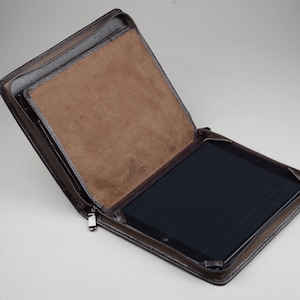 Étui portefeuille en cuir pour iPad avec séparateur, porte-bloc-notes en cuir marron foncé avec fermeture à glissière pour iPad