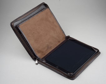Leather iPad Portfolio Case: Dark Brown Business Organizer with Zipper