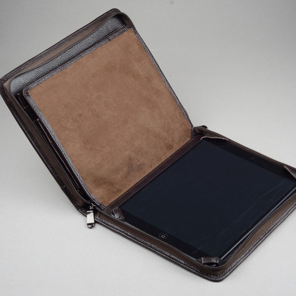 Funda tipo cartera de cuero para iPad de Apple con cubierta divisoria, soporte para bloc de notas de escritura en cuero marrón oscuro con cremallera para transporte empresarial de iPad