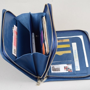 Estuche tipo cartera para iPad mini azul con asa, bolso de mano con doble cremallera de cuero para iPad mini, bolso de mano tipo sobre, estuche tipo billetera de regalo