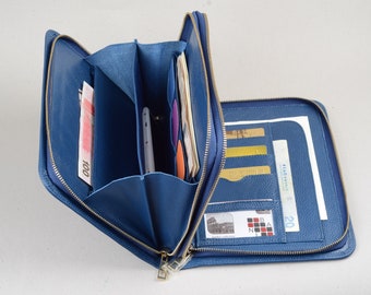 Blue mini iPad Portfolio Case with Handle,iPad mini Leather Double Zipper Carrying Purse,Hand Clutch Bag,Hand Wallet Case Gift