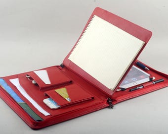 Red Leather iPad Portfolio Case: Zippered Conference Pad Holder