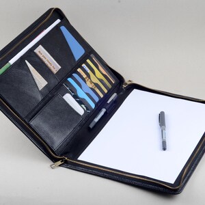 Estuche tipo portafolios de negocios para diario de escritura, de cuero negro con cremallera para papel tamaño A4 y carta, estuche tipo folio para actas de reuniones con bloc de notas