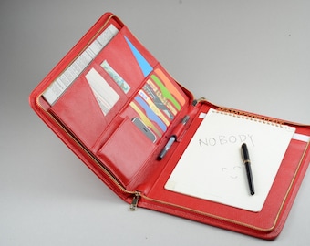 Red Genuine Leather Zipper Paper Portfolio Case,A4 & Letter Size Notepad Folio Cover
