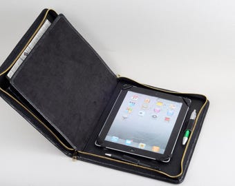 Black Leather iPad Zipper Portfolio Case with Notepad,iPad Business Folio with Pencil Holder