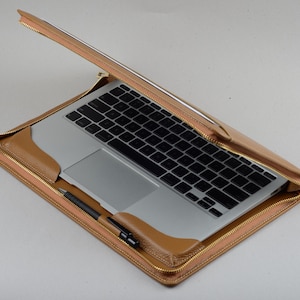 Light Khaki Leather Zipper Around Business Portfolio Cover for Apple Mac Air 11 and 13 inch Laptop with Full Protection Macbook Air Case