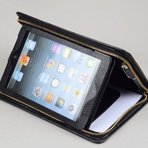 Funda tipo cartera para iPad mini con mini iPad de pie, funda de cuero para iPad mini, funda tipo cartera con bloc de notas para llevar el Apple mini, cierre de cremallera