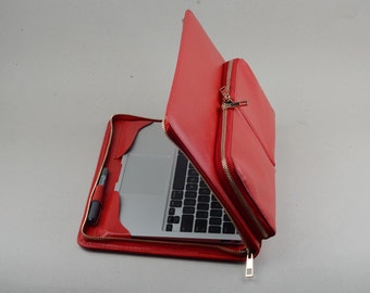 Fashion Red Leather Mac book Pro Carrying Cover Case Personal with Apple Charger Pocket bag,Women Personalized full grain leather Folio