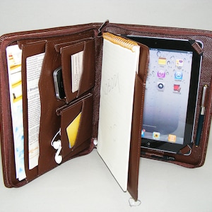 Maletín de cuero para iPad, funda tipo cartera para iPad Pro con bolsillos para iPhone y bloc de notas para cuaderno tamaño carta A4