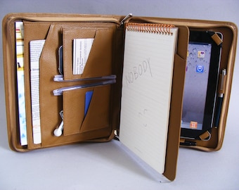 Khaki Full Grain Leather iPad Portfolio Case,with Letter/A4 Paper Pad Holder