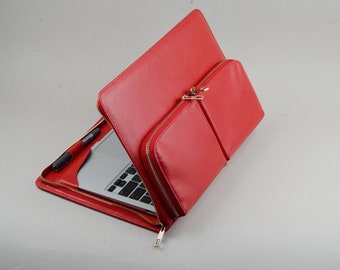 Lady Red Leather Macbook 12 inch Sleeve Business Zipper Case,Zipper Genuine Leather for Apple Macbook 12-inch Carrying Folio Cover Portfolio