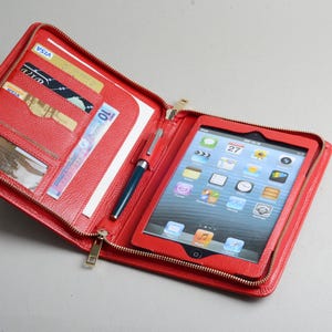 Damesrode leren portemonnee met iPad mini-vak en ID-kaarthouder Clutch Portemonnee Portfoliohoes volnerf leer voor Apple iPad mini